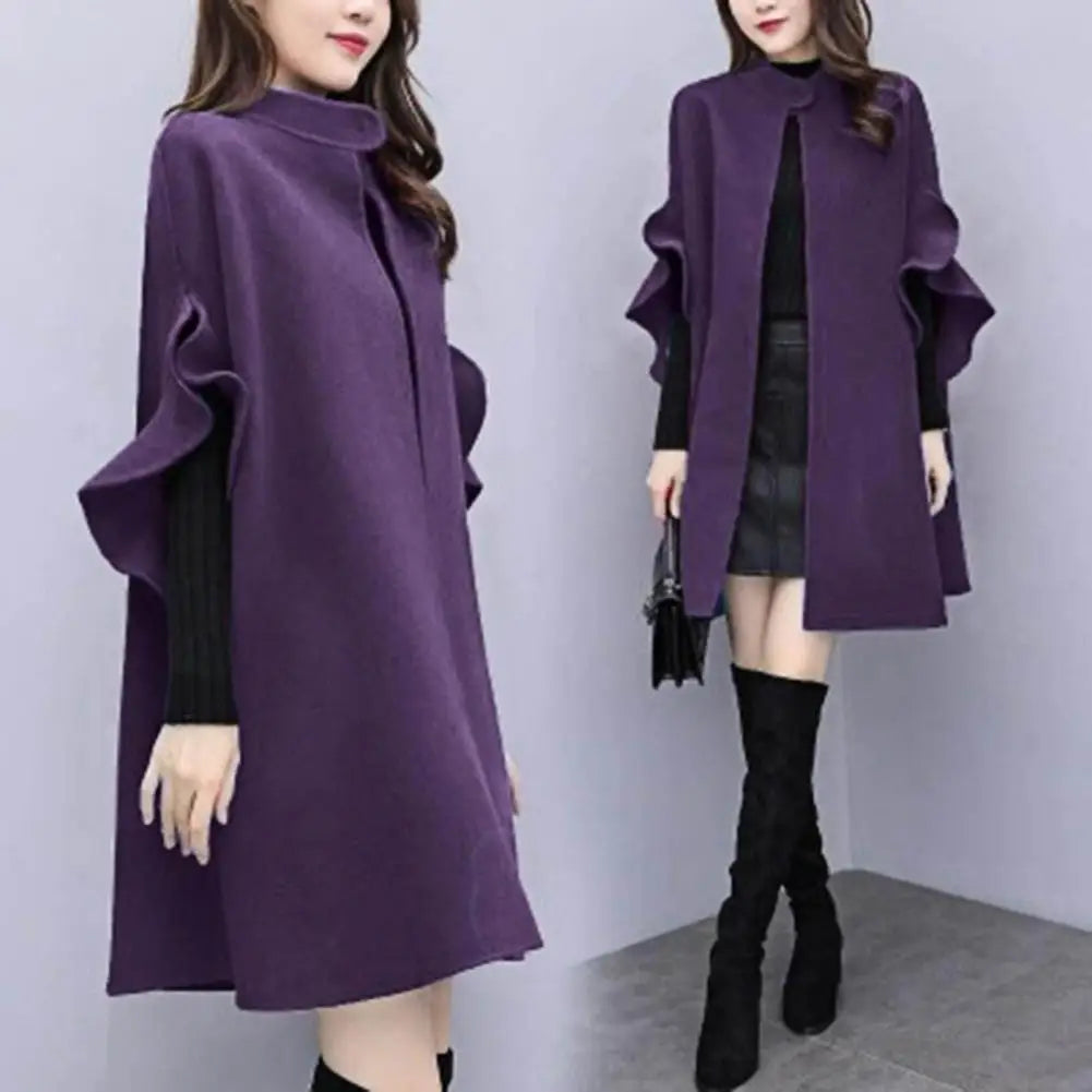 Women Winter Coat Solid Color Formal Elegant Big Hem Midi Length Long Sleeves Cardigan Stand Collar Lady Cloak Coat for Dating