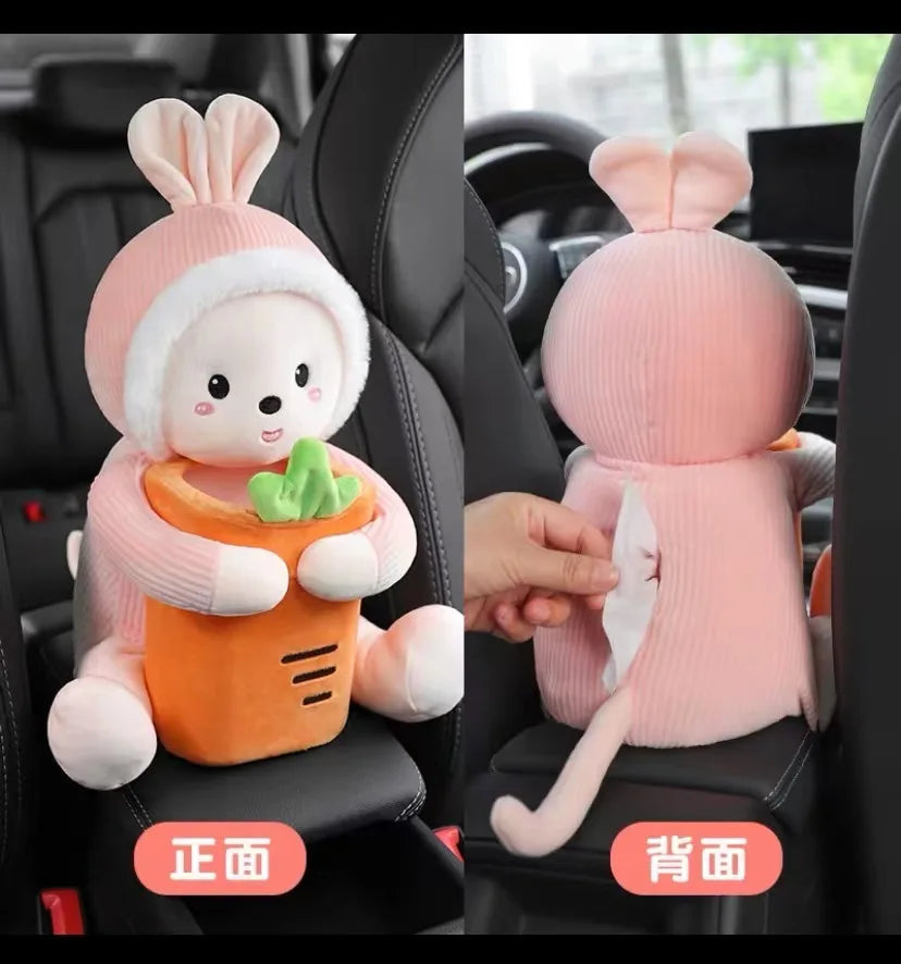 2 in 1 Cute Car Tissue Box Creative Short Plush Tissue Holder Car Armrest Storage Boxes Stowing Tidying Interior Accessories