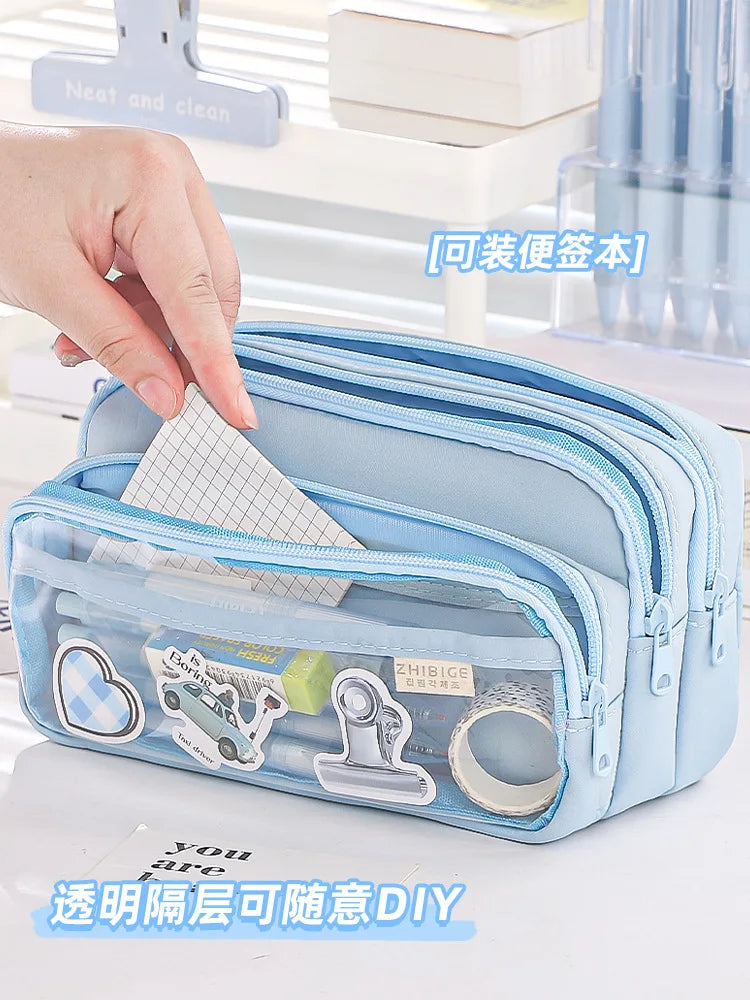 Chic Solid Color Pencil Case Korean Simplicity Transparent Pen Pouch Large Capacity Stationery Organizer Bag School Supplies