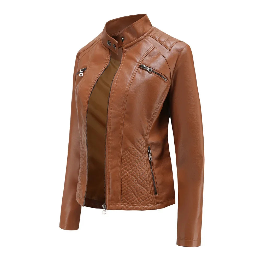 Women's Coat Fashion Trend Simple Analog Collar Zipper PU Leather Motorcycle Jacket for Women