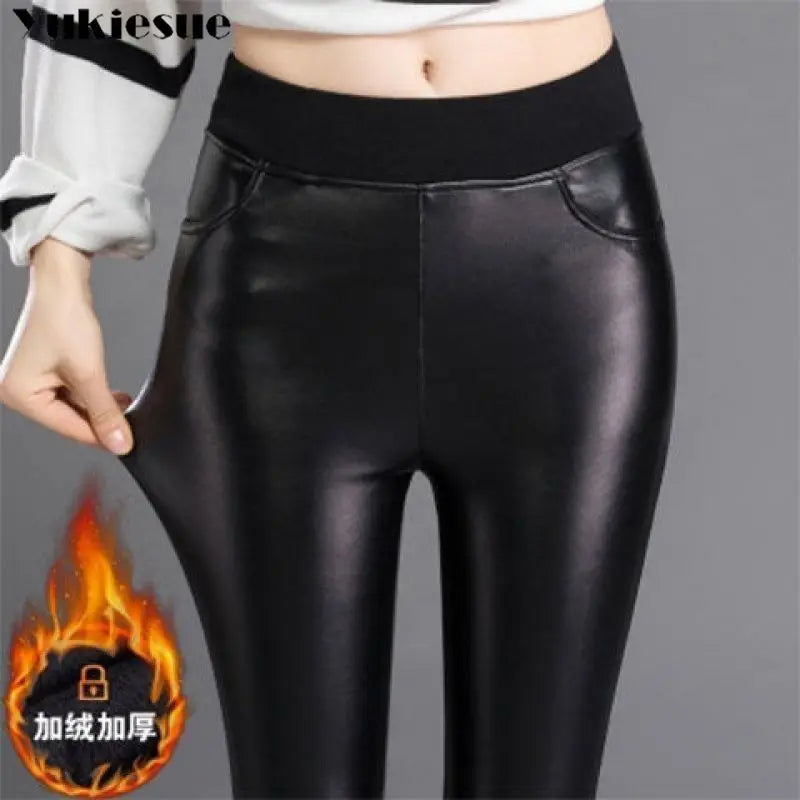 Autumn Winter women leather pants High elastic shiny trousers slim female pencil leather pants women