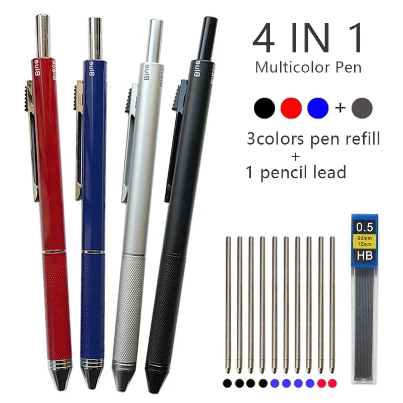 4 In 1 Multicolor Metal Pen with 3 Colors Ball Pen Refills and Automatic Pencil