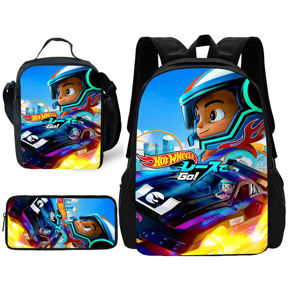 Hot Wheels Cars Child School Backpack with Lunch Bags ,Pencil Bags ,School Bags for Boys Girls Best Gift