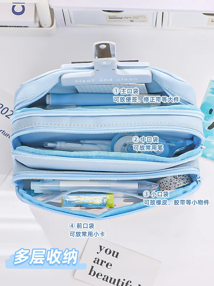 Chic Solid Color Pencil Case Korean Simplicity Transparent Pen Pouch Large Capacity Stationery Organizer Bag School Supplies