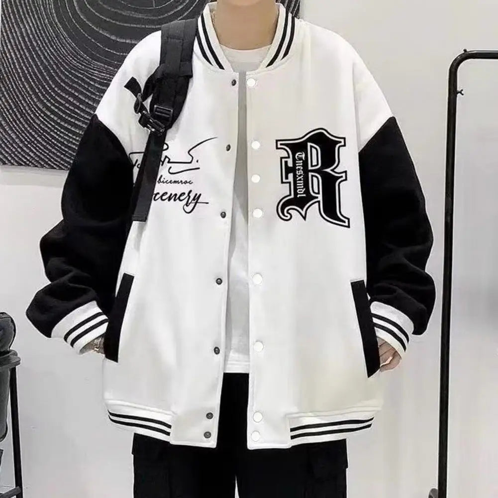 Men's Baseball Jacket with Letter Print Elastic Striped Cuff Fall Winter Single-breasted Color Matching