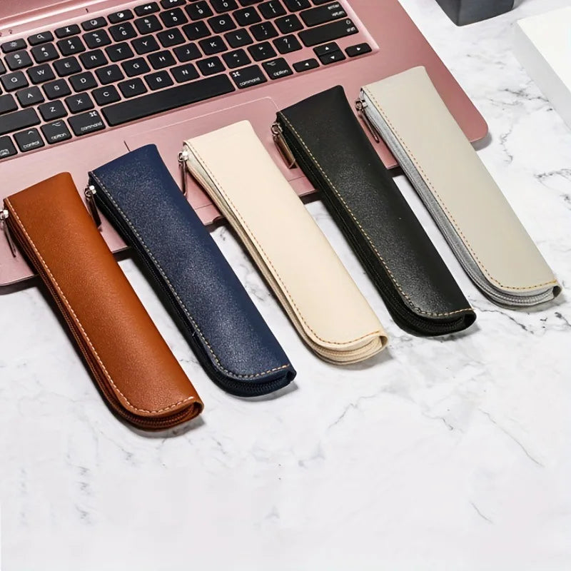 Simple Zipper Pen Holder PU Leather Pencil Bag Fountain Pen Storage Pouch Portable Pen Sleeve Case School Office Supplies