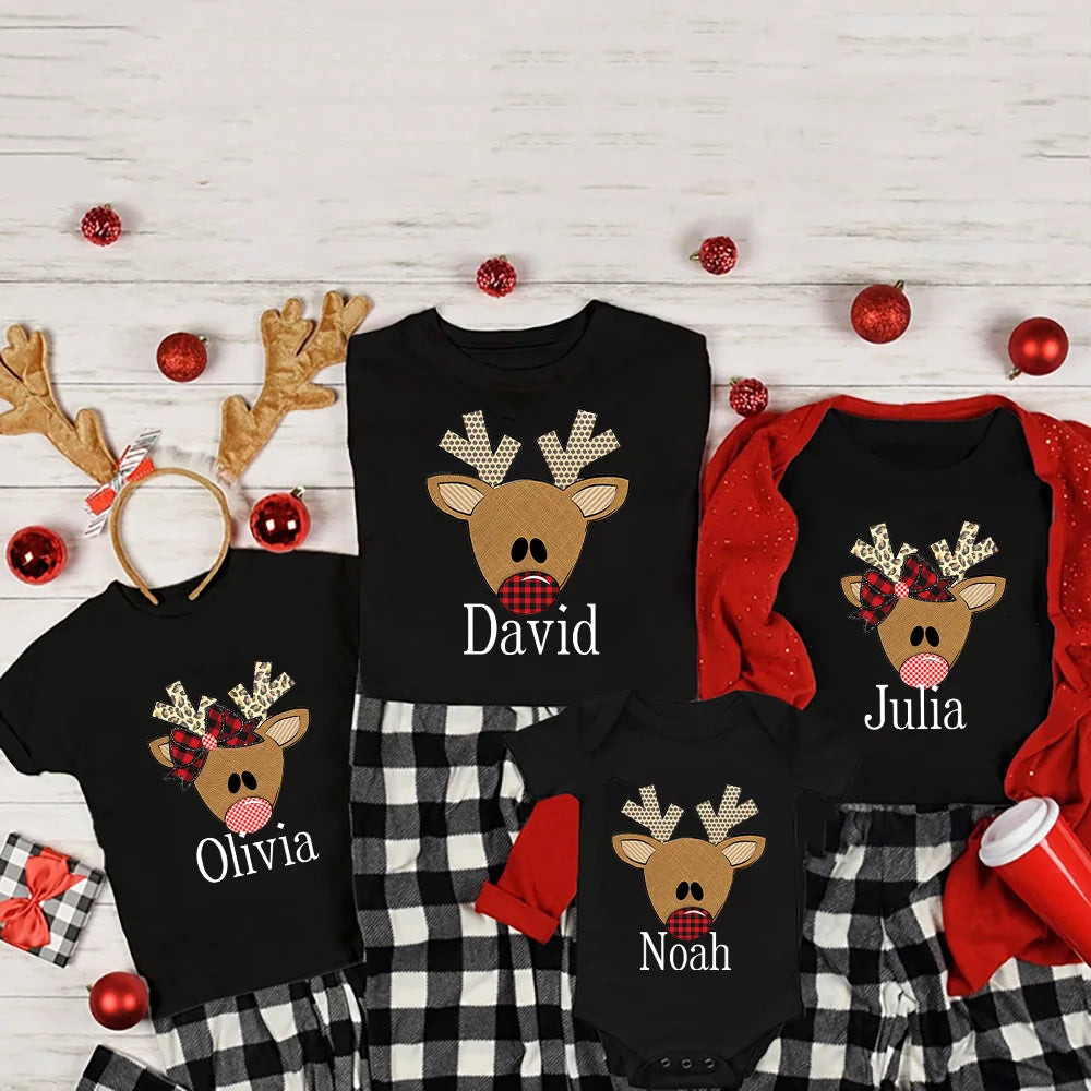 Personalized Christmas Reindeer Family T-Shirt Christmas Matching Family Shirts with Name Personalized Holiday Xmas Clothes