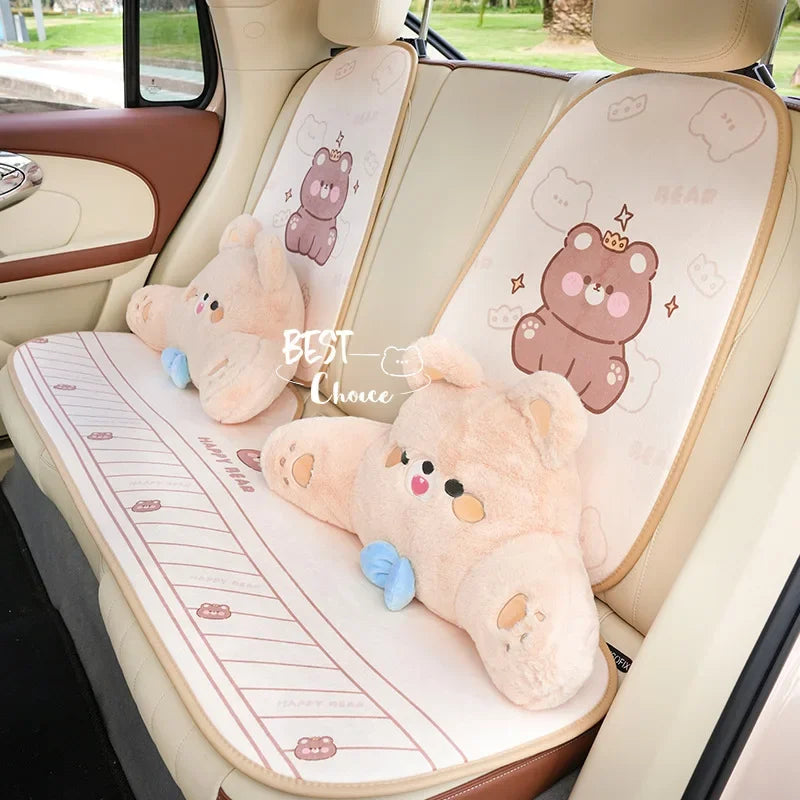 2024 Cartoon Bear Car Seat Cushion Full Set Soft Plush Cute Seat Cushion Cover Fashion Decoration Interior Accessories Universal