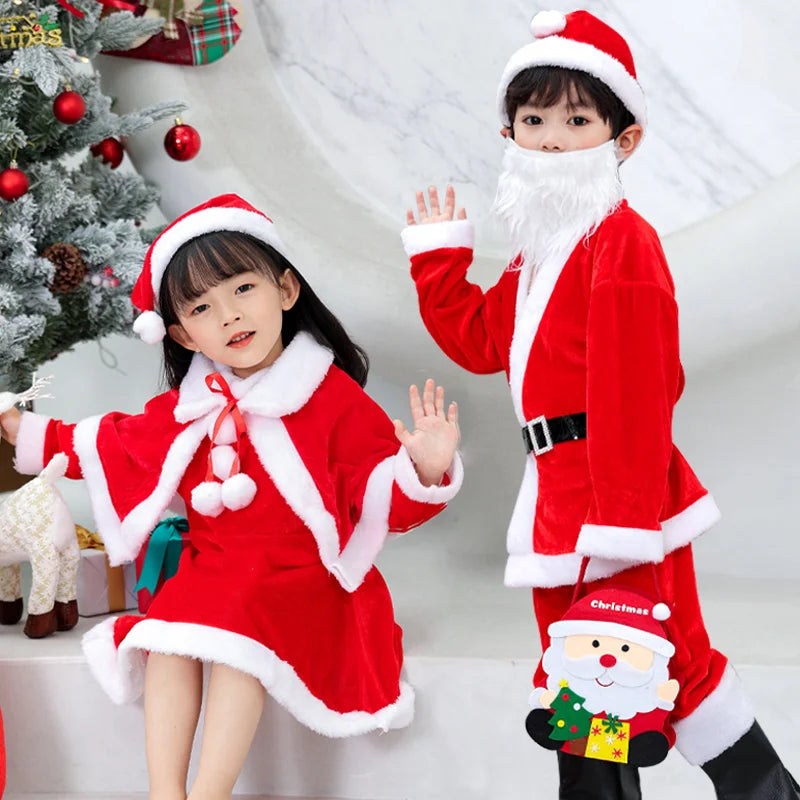 Christmas Costume boys and girls clothing, with girls shawls, boots, Christmas gift bags