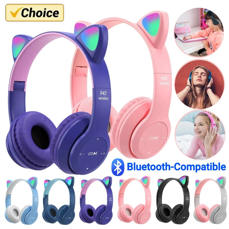 Wireless Headphone Flash Light Cute Cat Ears Fone with Mic Control LED Stereo Music Helmet Phone Bluetooth Headset Gift