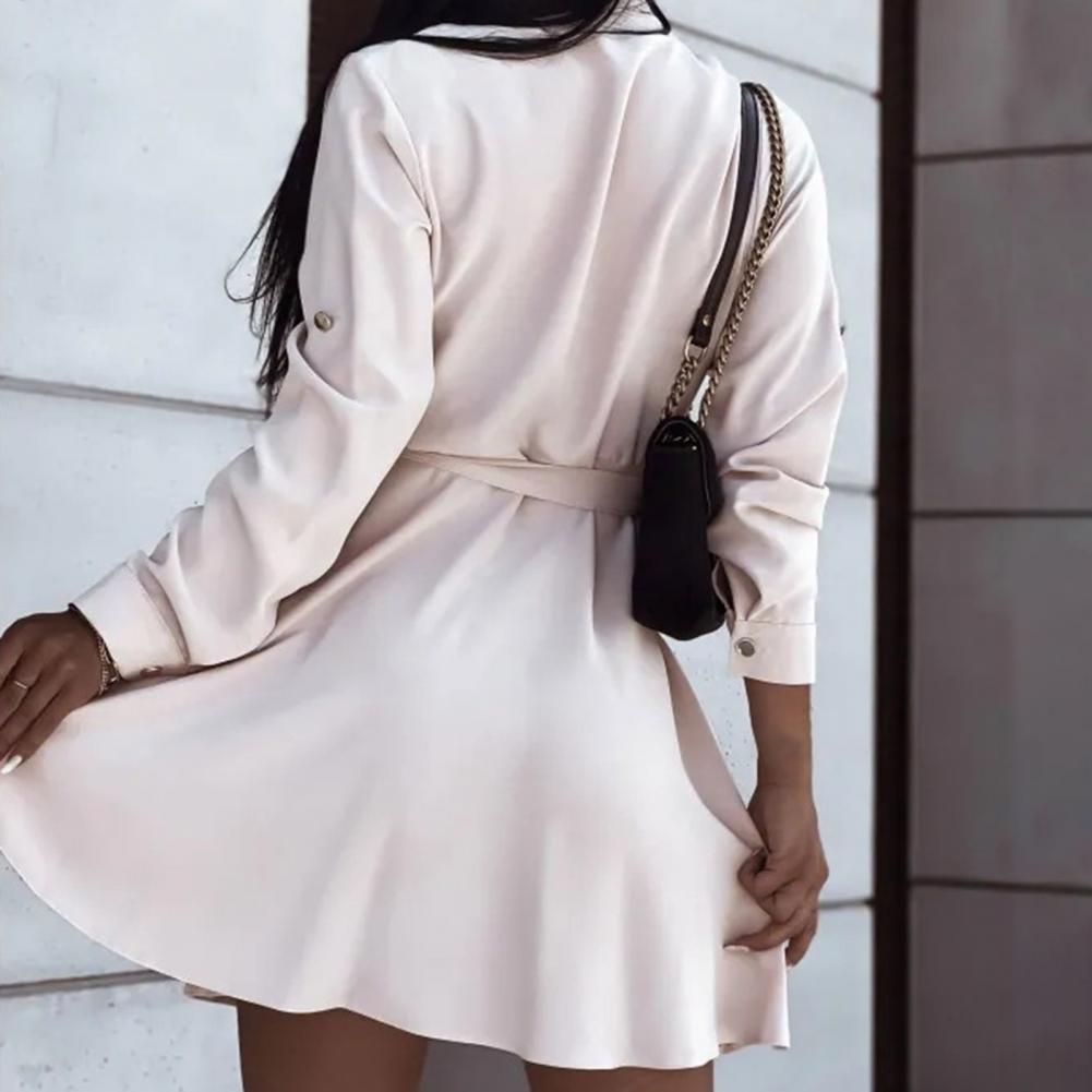 Elegant White Mini Shirt Dress Woman Autumn Long Sleeve Office Ladies Dresses Belt Casual Black Button Lace Up A-line Robe Femme