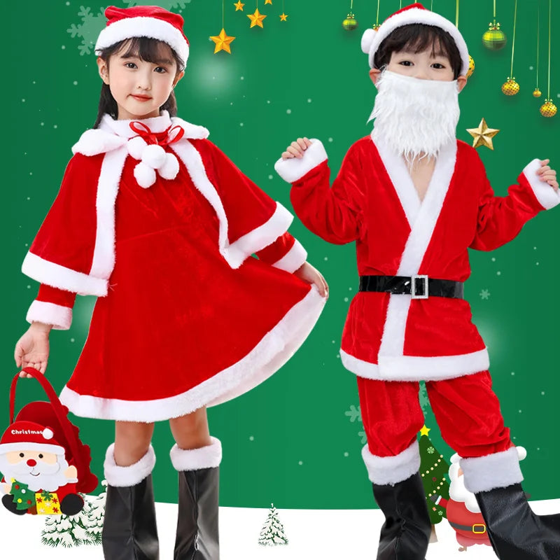 Christmas Costume boys and girls clothing, with girls shawls, boots, Christmas gift bags