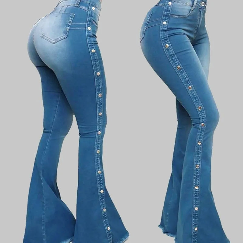 High Waist Flare Elegant Wide Leg Women Jeans Pant Long Pants Hollow Out Blue Elegant