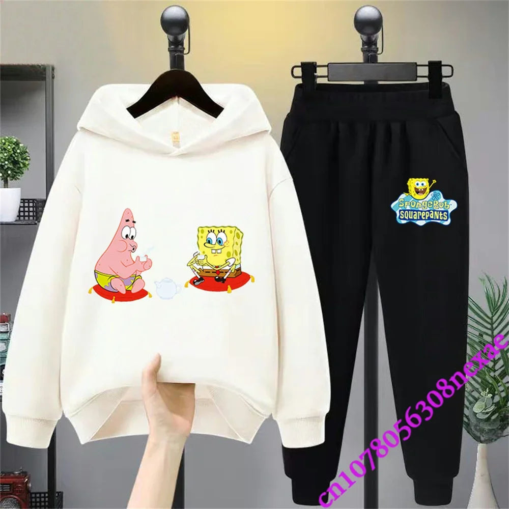 SpongeBob Spring And Autumn Children's Clothing Boys And Girls Sweater Suit 2 Pieces Cartoon Print Sweater Sportswear Trousers