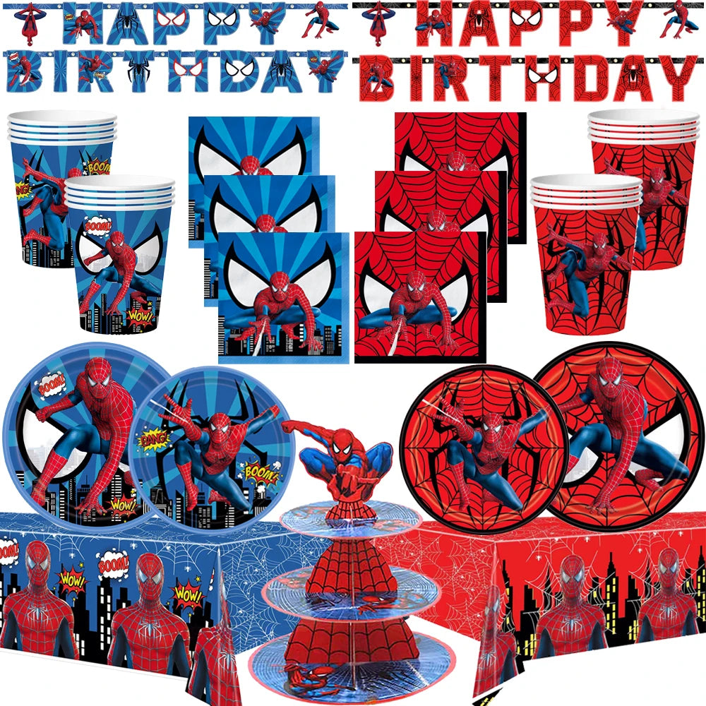 Superheroes Spiderman Theme Birthday Party Decoration Blue Red Spiderman Disposable Tableware Set Banner for Baby Shower Kid Gift