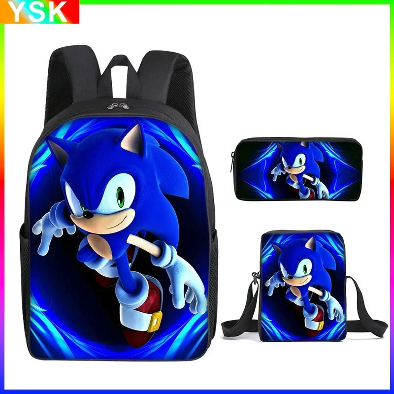 3PC-SET Sonic Backpack Primary and Middle School Students Schoolbag Boys Girls Anime Cartoon School Bag Mochila Zipper Shoulders