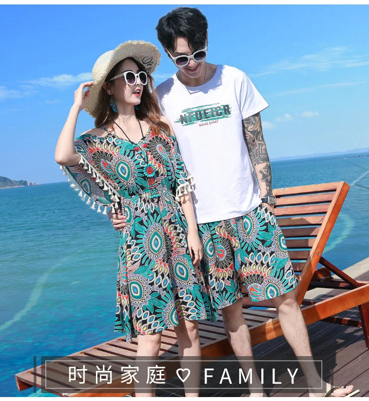 Family Matching Outfits Summer Beach Mother Daughter Floral Dresses Dad Son Cotton T-shirt & Shorts Couple Outfit Seaside