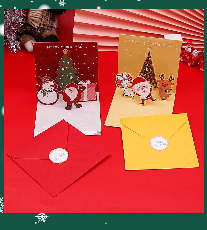 3D Pop Up Cartoon Christmas Card Merry Christmas Greeting Card Handwritten Blessing Invitation Cards Thanksgiving New Year Gifts