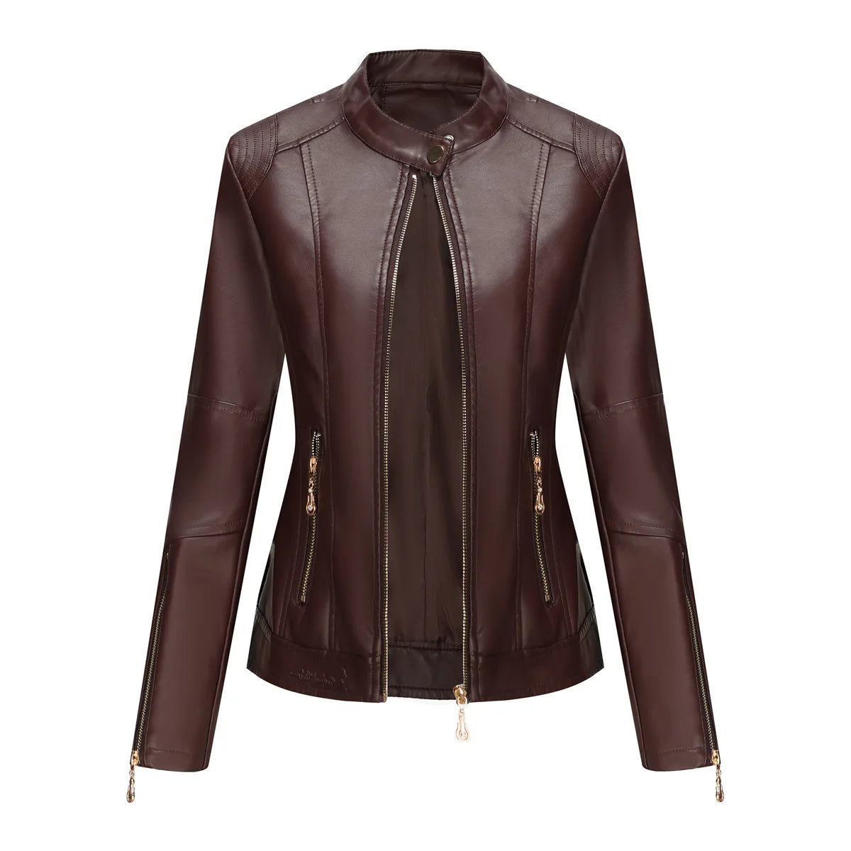 Leather Women Coat Full Sleeve Round Neck Slim Fit Solid Sexy Regular Jackets Zipper Casual Jacket