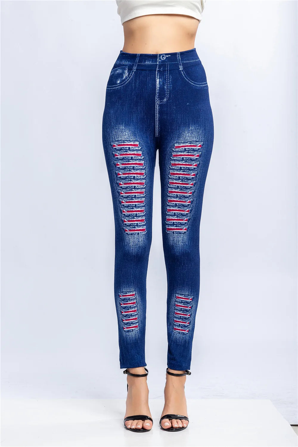 Fashion Stripe Printed Imitation Denim Leggings for Women's Elastic Slim Denim Trousers