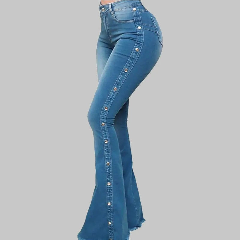 High Waist Flare Elegant Wide Leg Women Jeans Pant Long Pants Hollow Out Blue Elegant