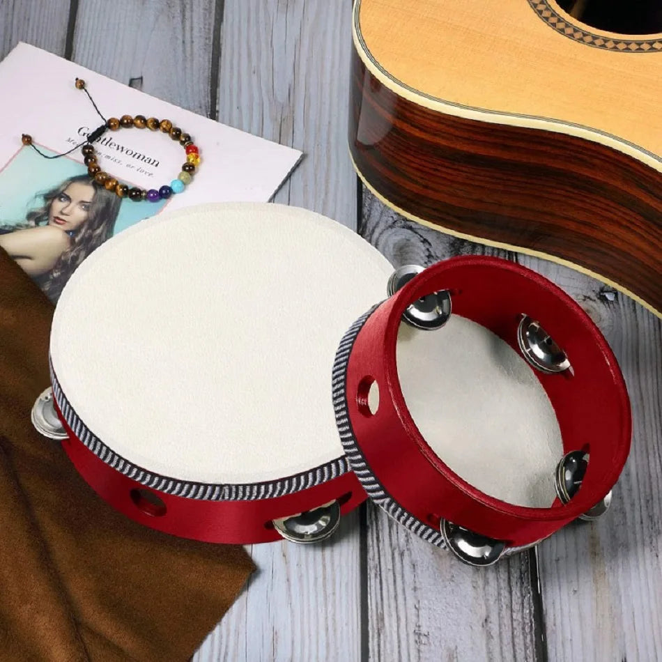 Sheep Skin Head Tambourine Drum 4 Pairs Jingles Wooden Frame Head Musical Tambourine 4/6/8/10 Inch Beat Instrument Hand Drums