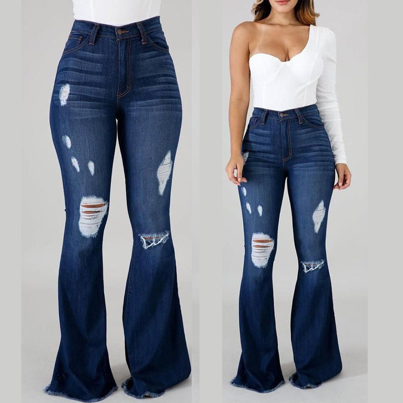 Denim Women's Pants High-stretch Ripped Jeans High-waisted Flared Trousers for Women