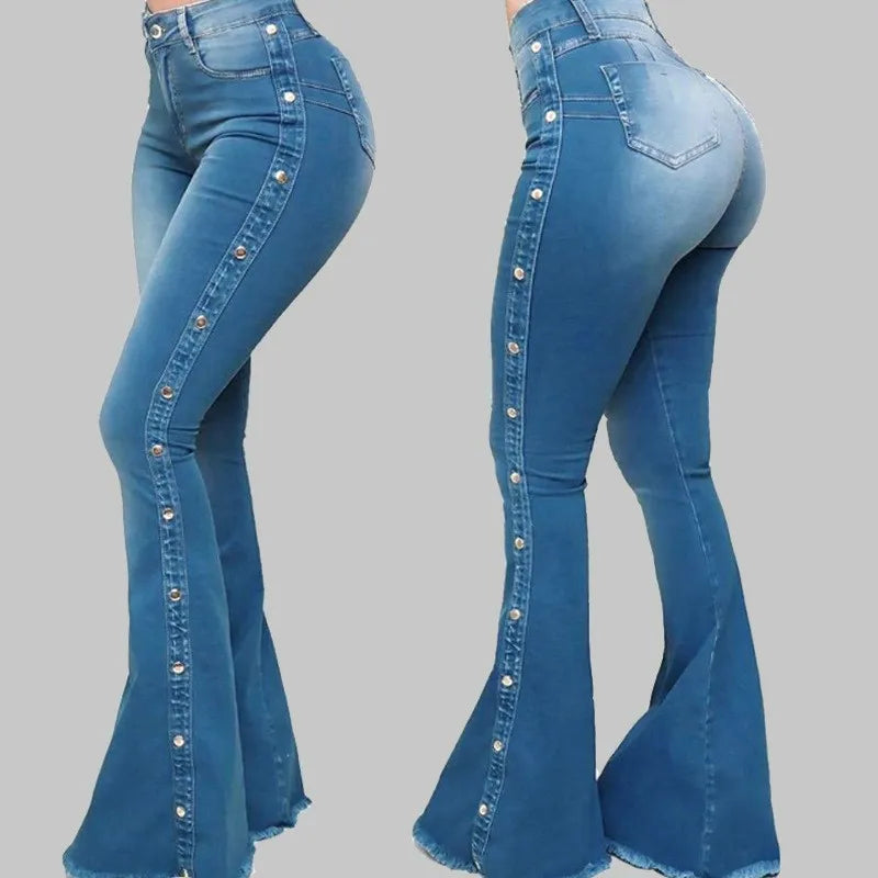 High Waist Flare Elegant Wide Leg Women Jeans Pant Long Pants Hollow Out Blue Elegant