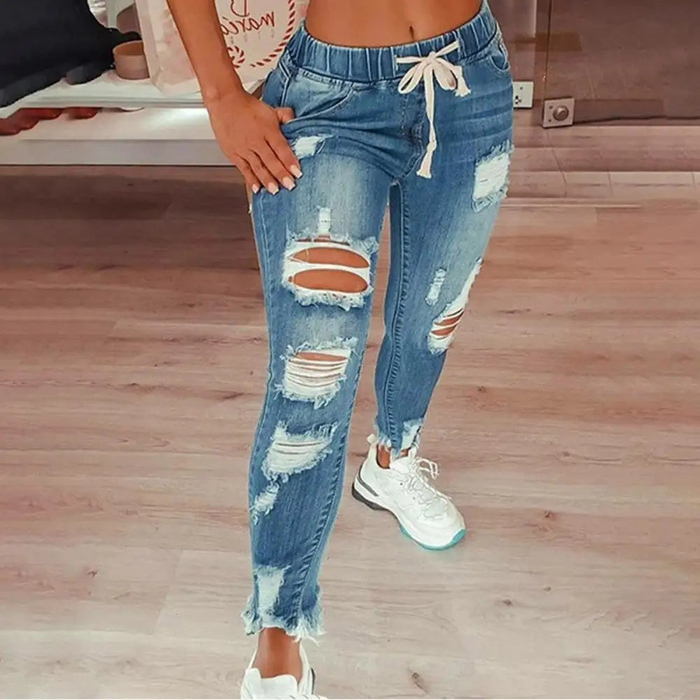 4XL Women Jeans Ripped Vintage Waist Pants Skinny Denim Pants