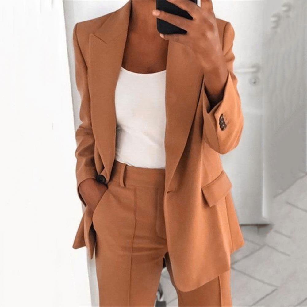 ElWomen Suit Jacket Solid Color Turndown Collar Long Sleeve Buttons Blazer Outerwear