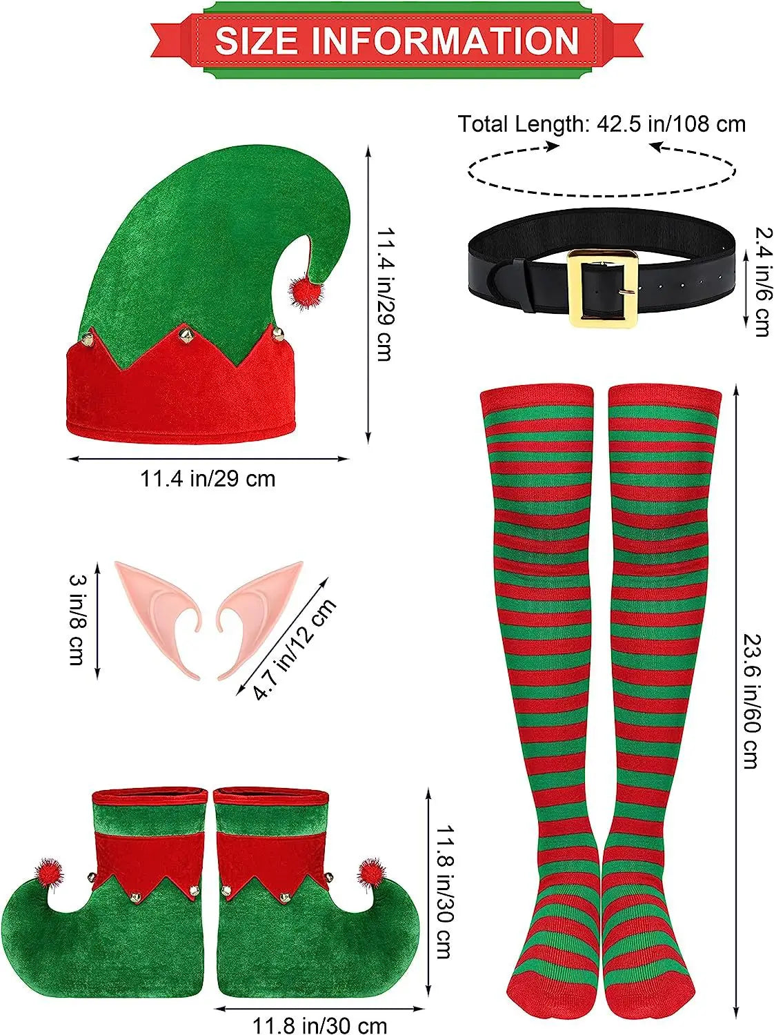 Women Girls Christmas Elf Costume Set Santa's Including Elf Hat Santa Dress Striped Stockings Shoes Belts