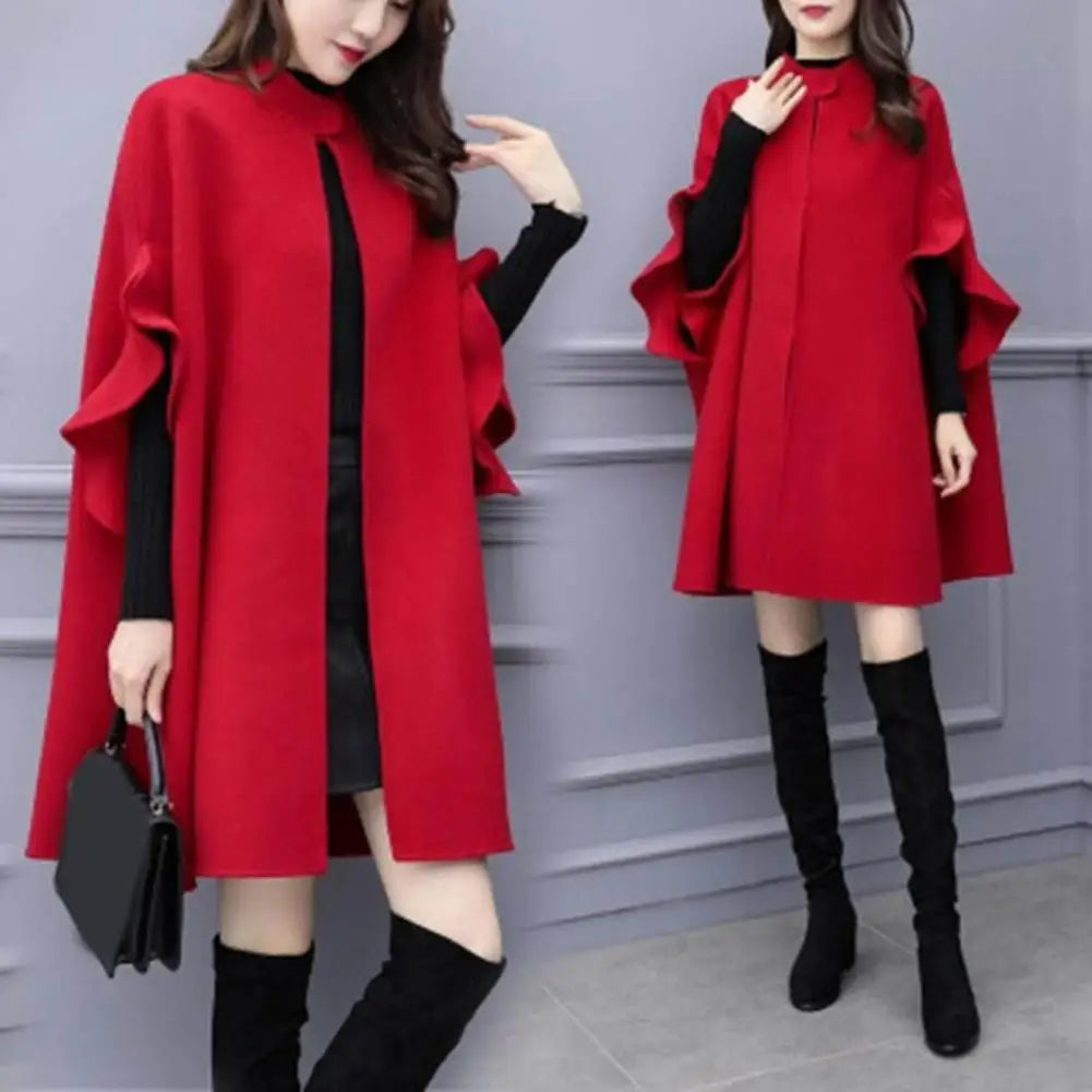 Women Winter Coat Solid Color Formal Elegant Big Hem Midi Length Long Sleeves Cardigan Stand Collar Lady Cloak Coat for Dating