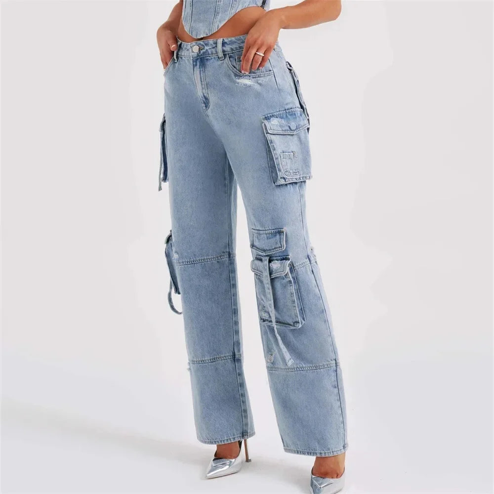 Fashion Multi-pocket Jeans for Women Cargo Pants Women High Waist Butt Lifter Loose Straight-leg Pants Tight Stretch