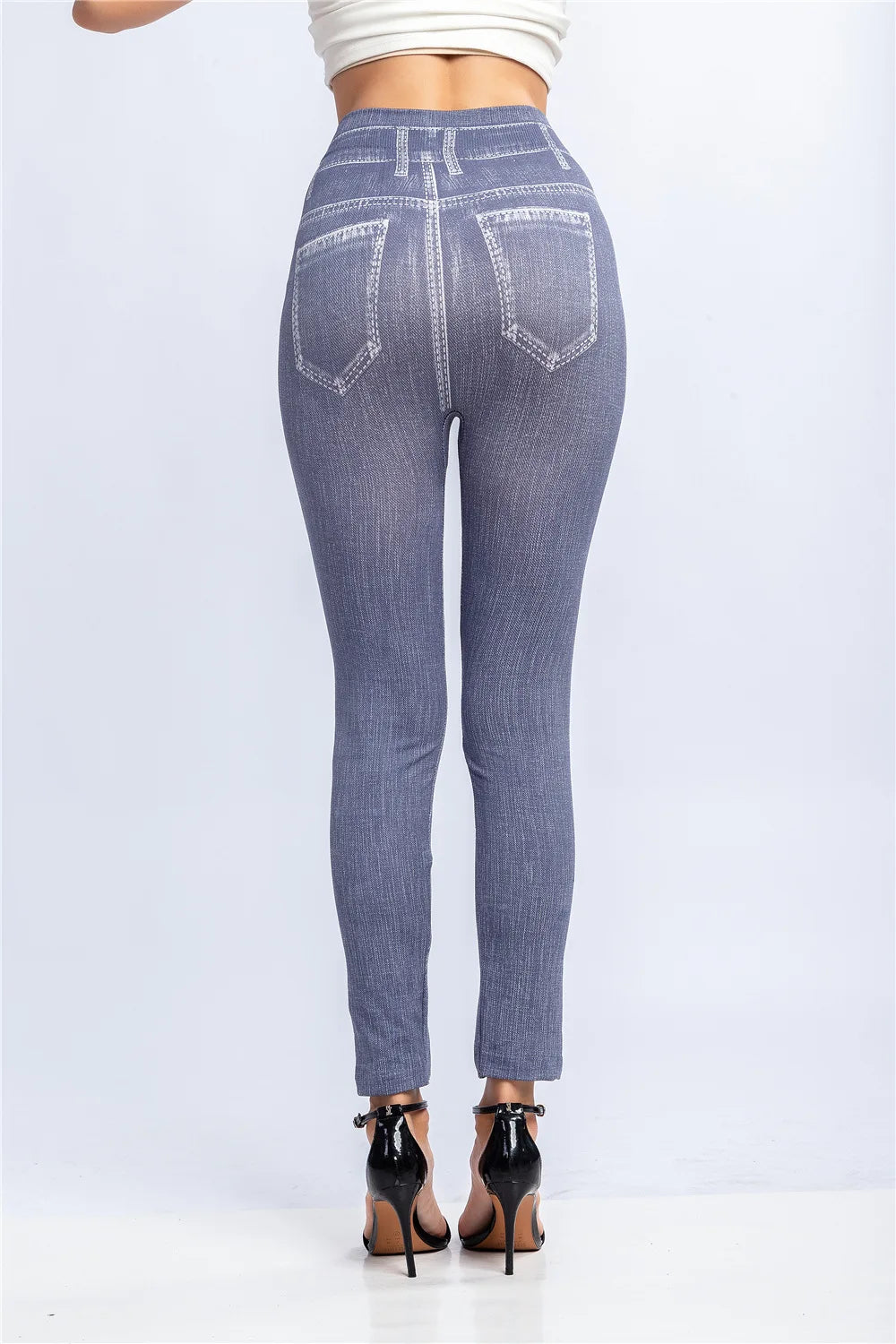 Fashion Stripe Printed Imitation Denim Leggings for Women's Elastic Slim Denim Trousers