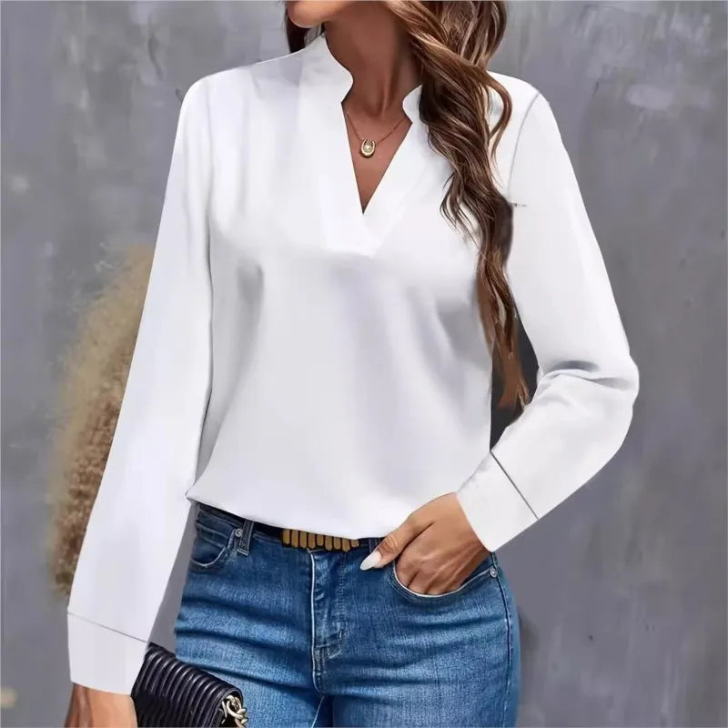 Women's Blouses Spring Long Sleeve Simple Office Lady Solid Color V-neck Loose Casual Shirt Tops For Women Clothing