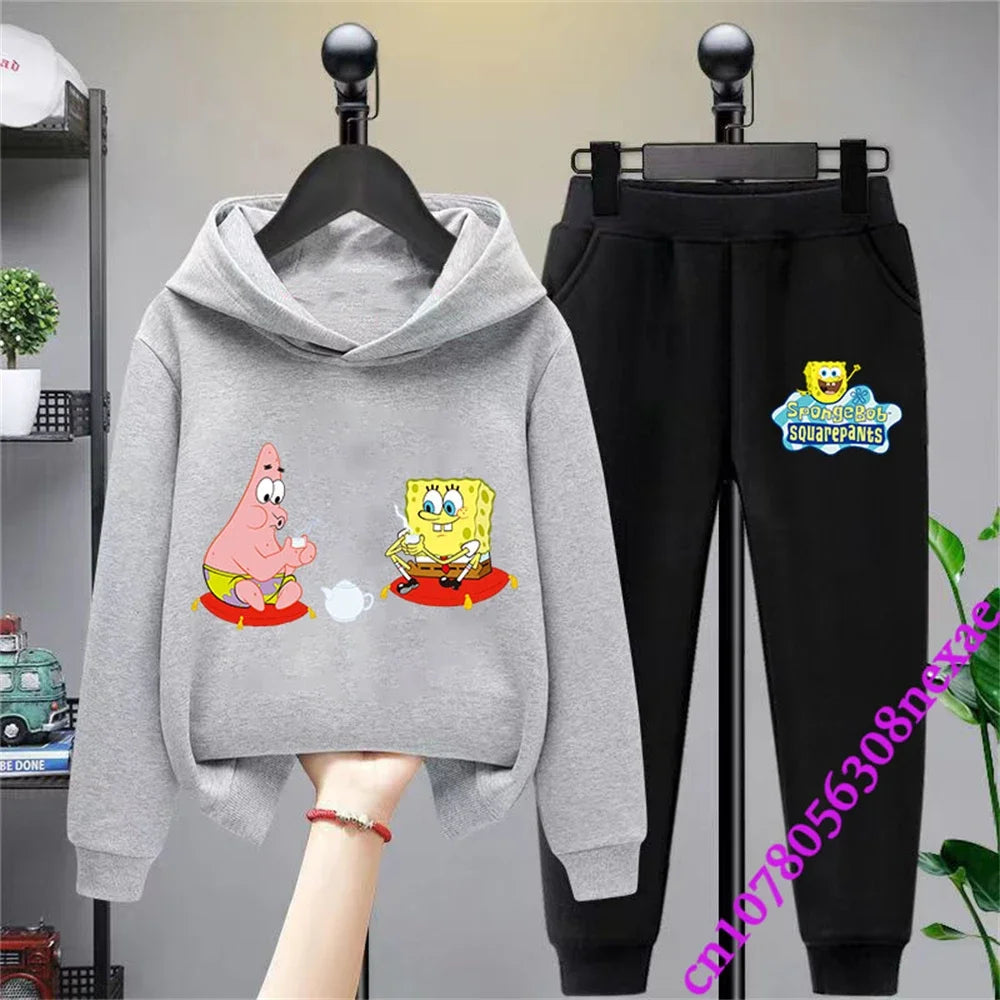 SpongeBob Spring And Autumn Children's Clothing Boys And Girls Sweater Suit 2 Pieces Cartoon Print Sweater Sportswear Trousers