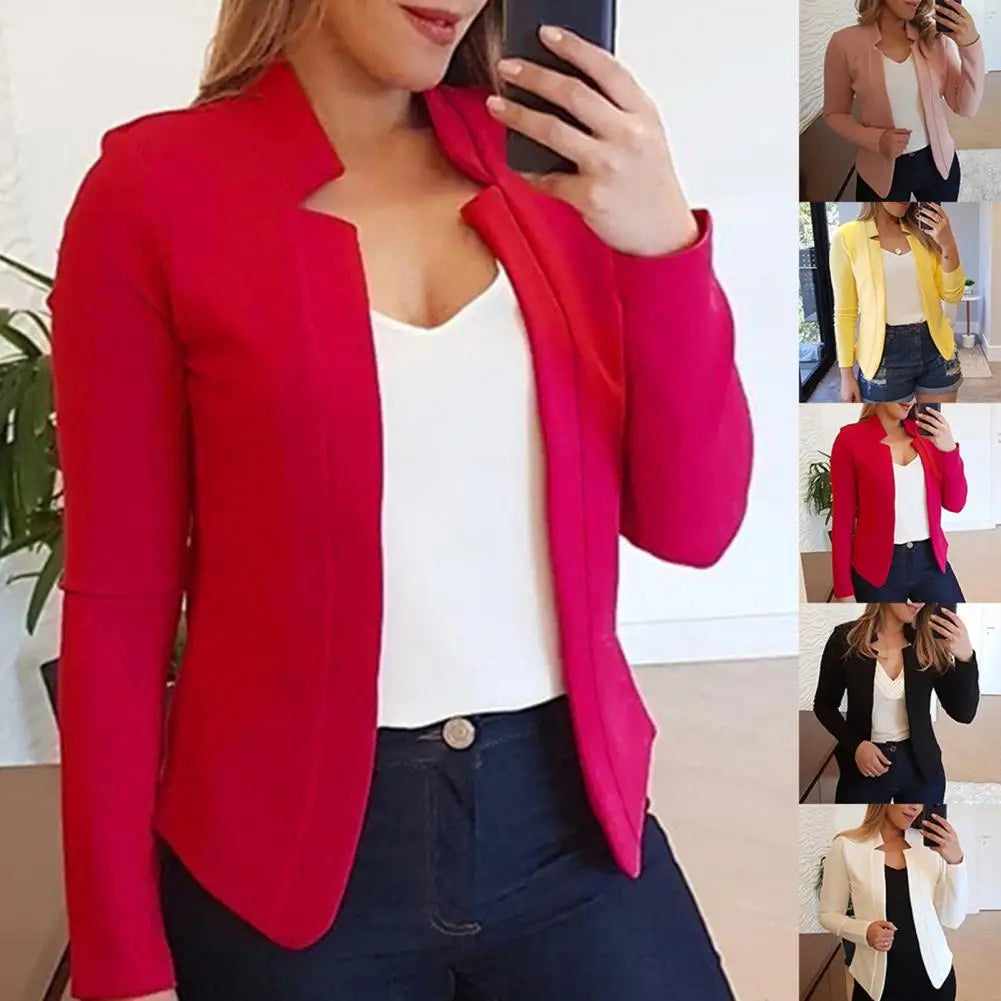 Women Blazer Open Stitch Cardigan Lady Blazer Long Sleeves Warm Business Outwear