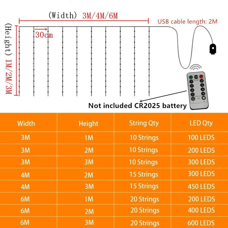 6/4/3M USB Curtain String Lights 8 Modes Fairy Light Christmas Tree Garland Light Party Bedroom Home Holiday Wedding Decoration