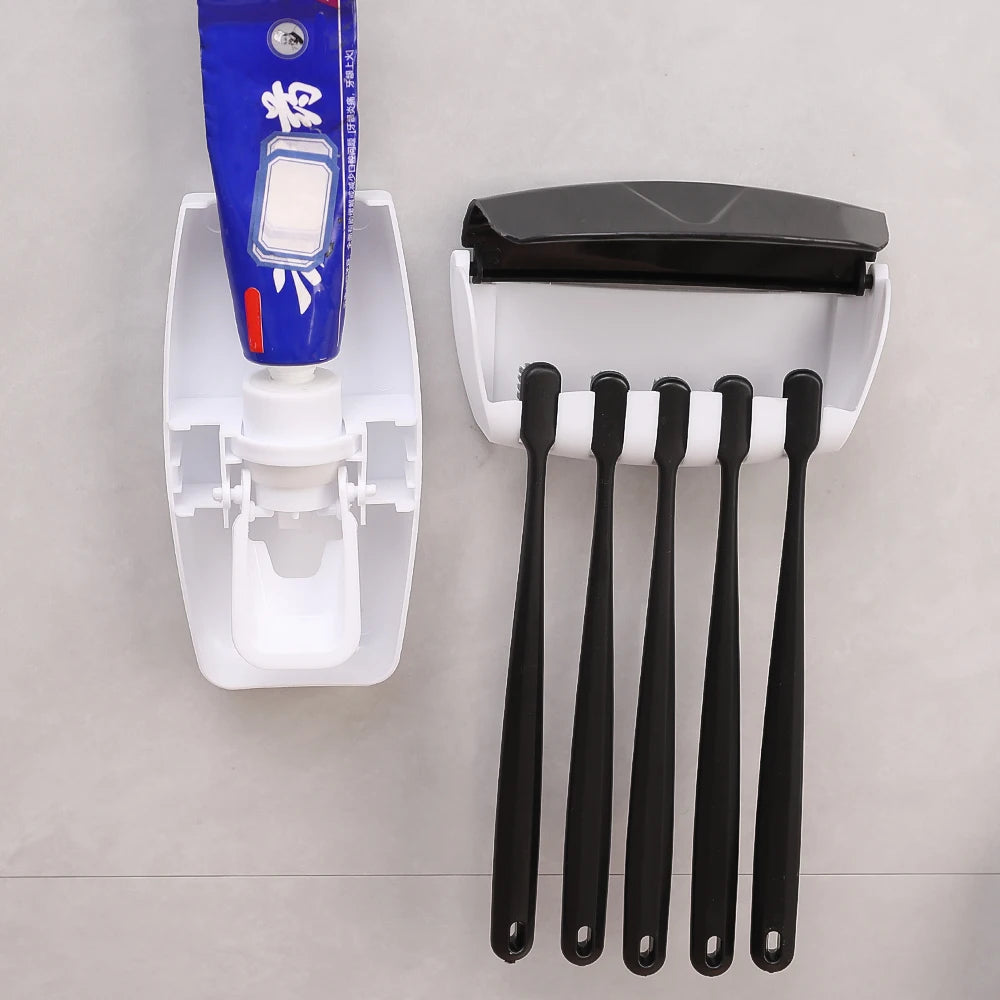 Toothbrush Holder with Automatic Toothpaste Dispenser Wall Mounted Toothbrush Razor Storage Rack Bathroom Toothpaste Squeezer