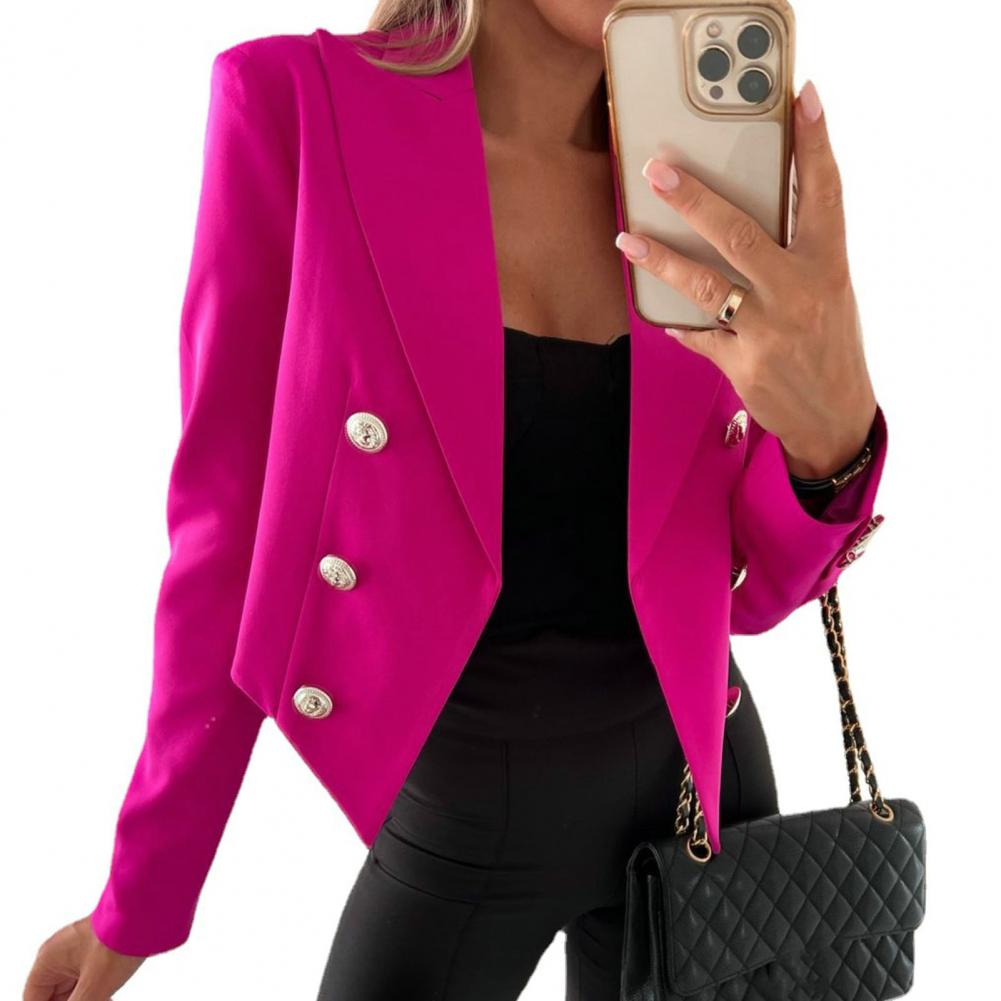 Stylish Women's Blazer with Double-Breasted Placket Lapel Short Solid Color Suit Jacket for Office Ladies Fashion