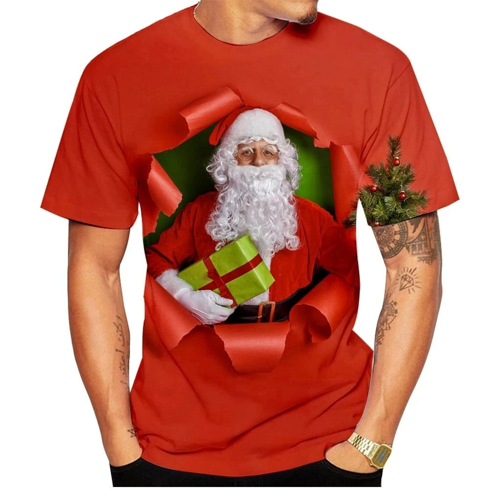 Hip Hop Men's Christmas Elf Santa Claus Printed T-shirt Fashion Trend Round Neck Loose Street