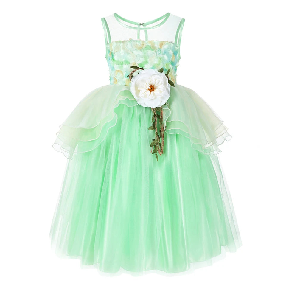 Halloween Children Tiana Cosplay Costume Girls Party Green Tulle Gowns Flower Princess Dresses