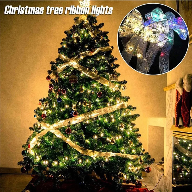 Christmas Decoration LED Ribbon Fairy Lights Christmas Tree Ornaments for Home 2023 DIY Bows Light String Navidad New Year 2024