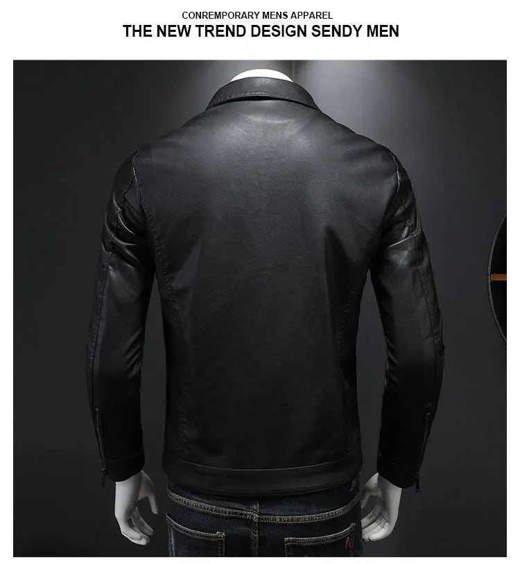 Men's Motorcycle Leather Jacket Large Size Pocket Black Zipper Lapel Korean Slim Fit Male High Quality PU Leather Coat for Men