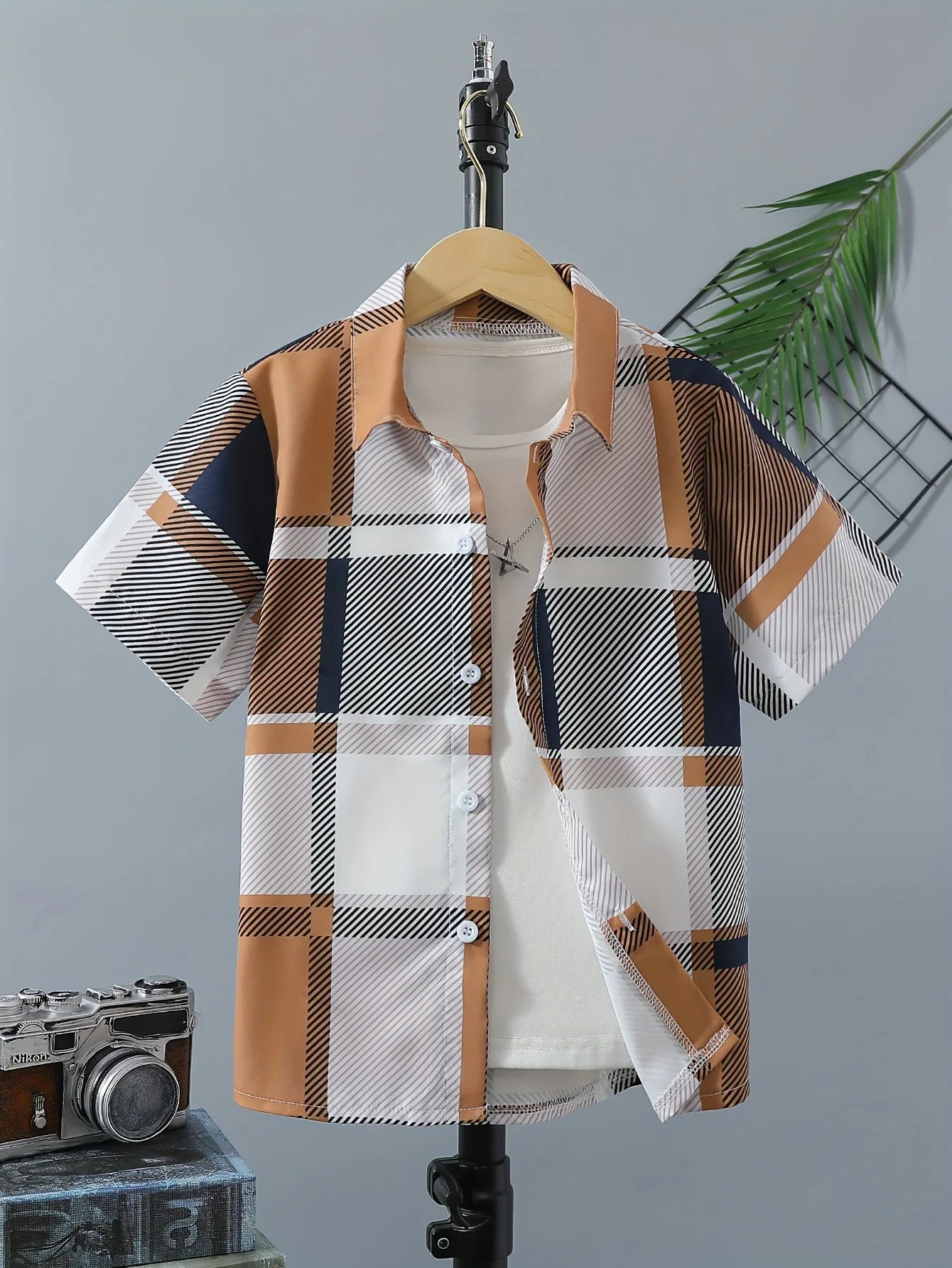 Black White Striped Plaid Print Boys Shirt Casual Short Sleeve Lapel Shirt Tops Boys Clothes Children Summer Outdoor