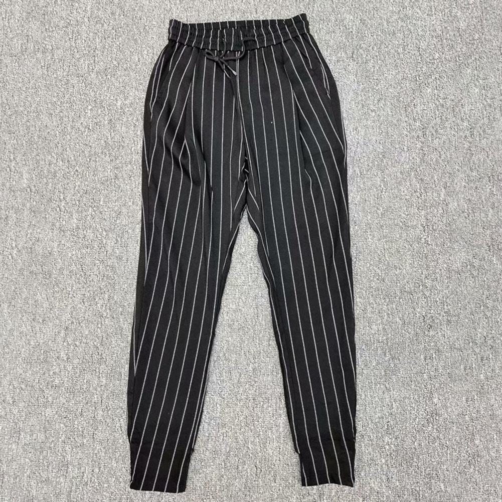 Men Harem Pants Striped Drawstring Elastic Waist Slim Fit Streetwear