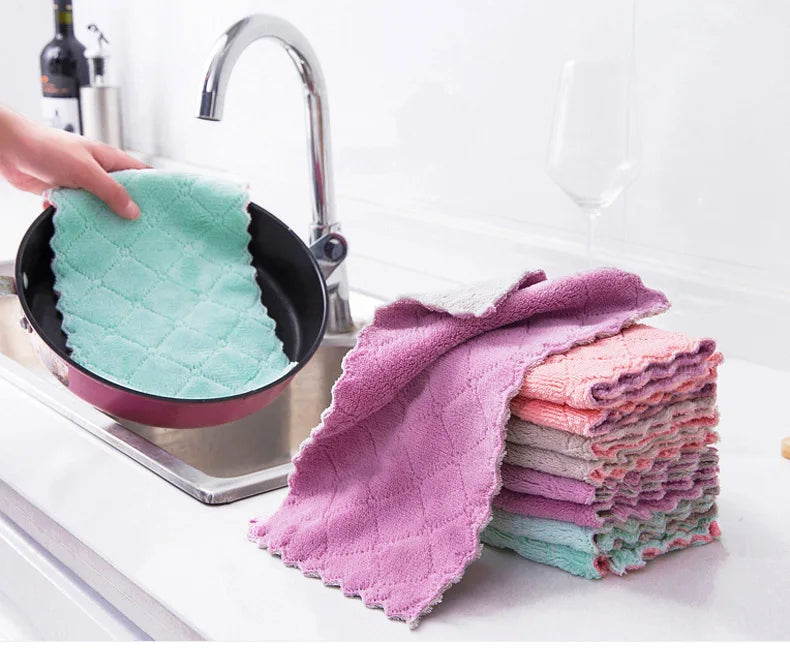 5/10pcs Kitchen Dishcloth Coral Velvet Towel Super Absorbent Wave Design Wipe Nonstick Oil Microfibre Thickened Rags Fast Drying