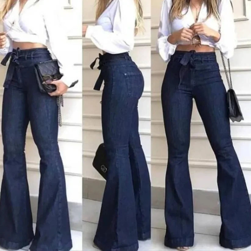 Women Jeans High Waist Flare Pants Zipper Fly Flat Pockets Streetwear Slim