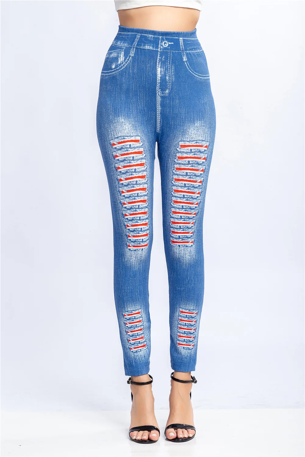 Fashion Stripe Printed Imitation Denim Leggings for Women's Elastic Slim Denim Trousers