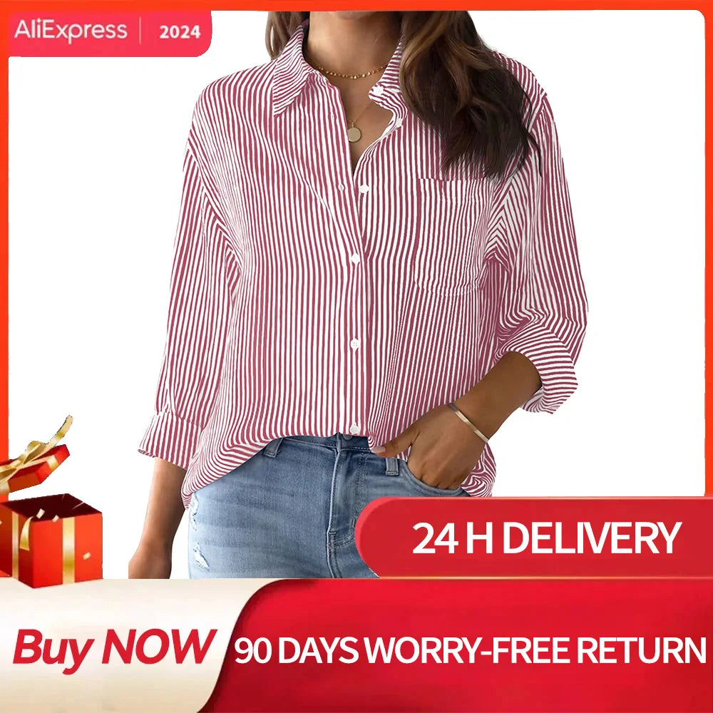 Women's Shirt Blouse Pink Striped classic Print, Button Long Sleeve Casual  No pockets Daily Basic Shirt